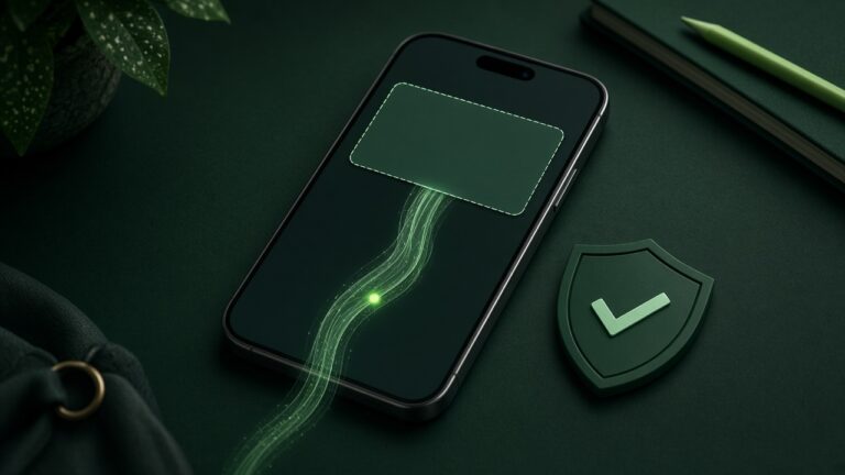Smartphone showing a blank ad banner with a green digital thread running into the phone beside a shield