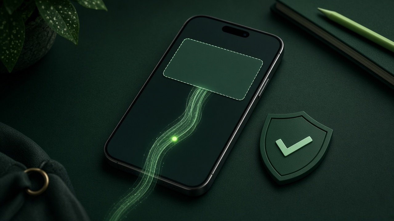 Smartphone showing a blank ad banner with a green digital thread running into the phone beside a shield