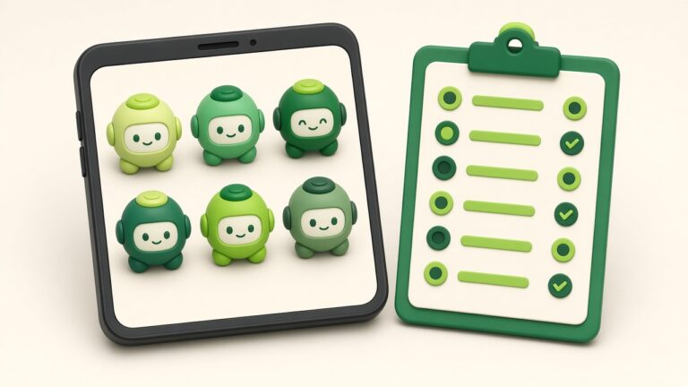 Six small green robot assistants on a phone screen next to a scorecard clipboard