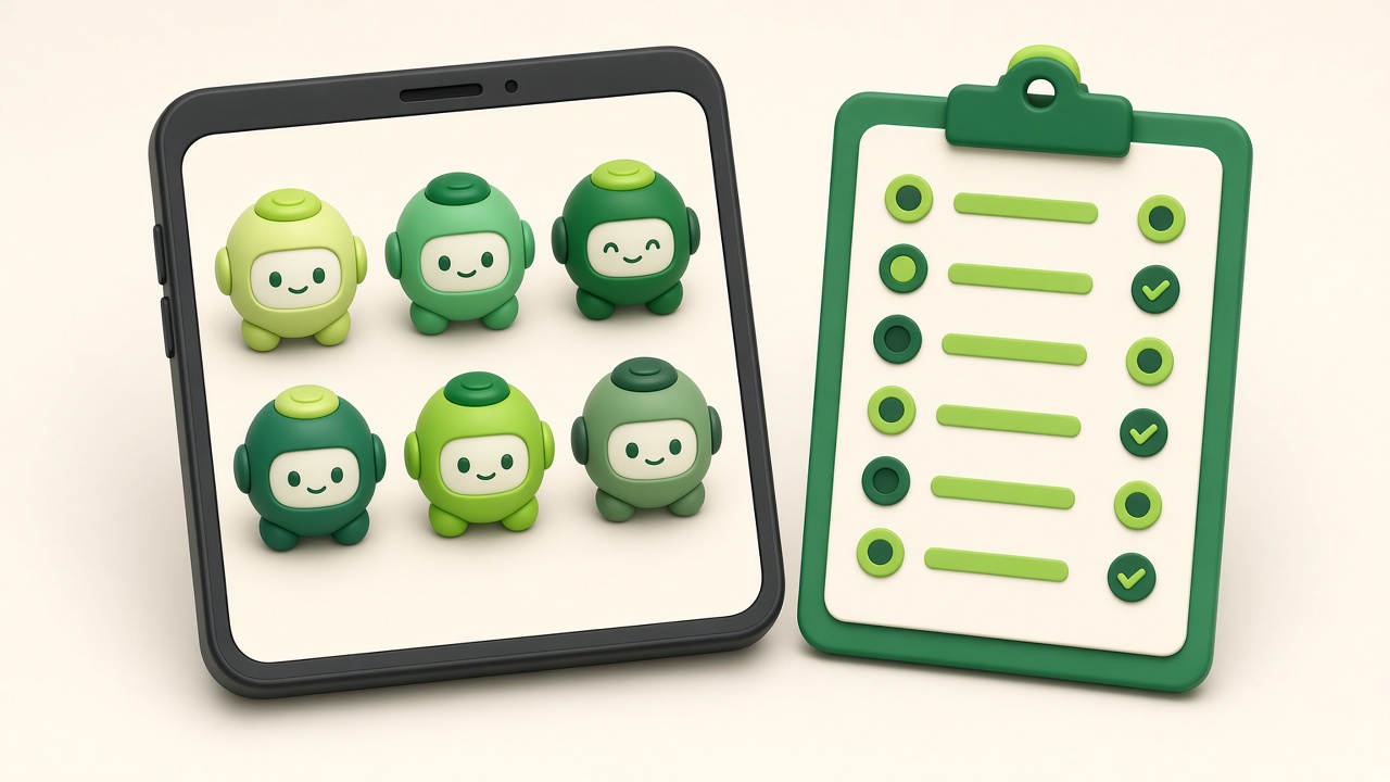 Six small green robot assistants on a phone screen next to a scorecard clipboard