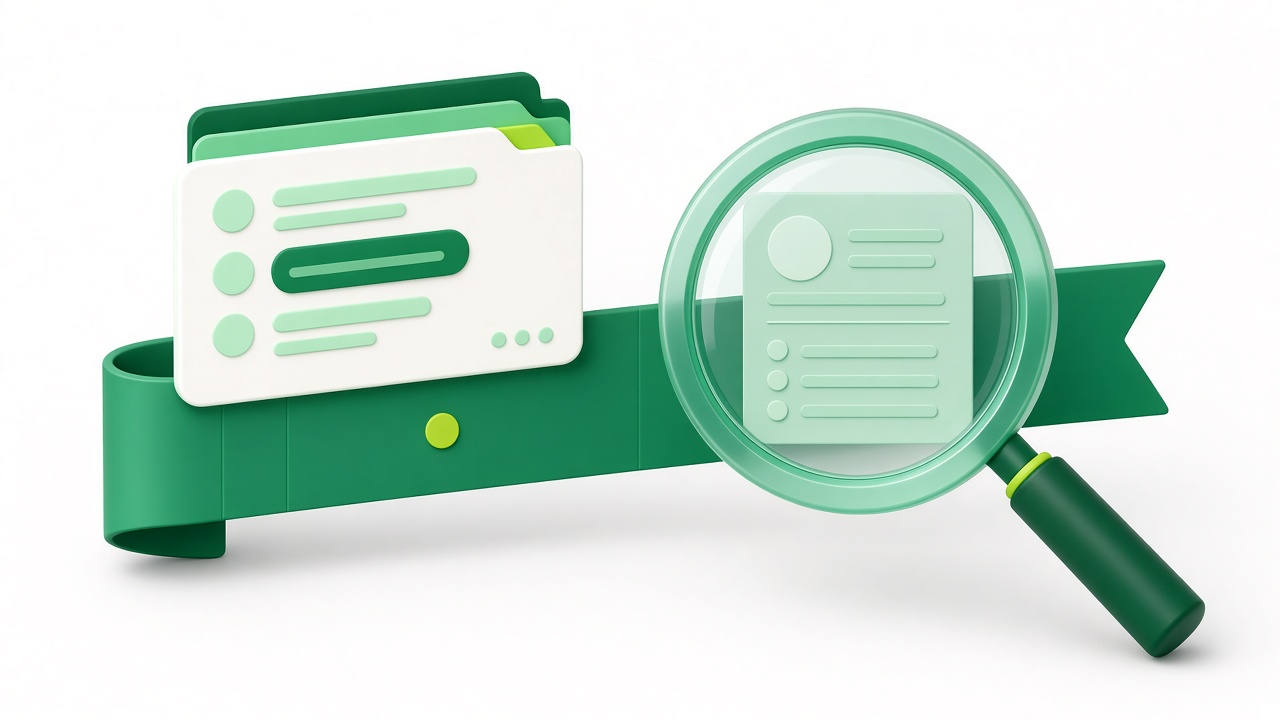 Illustration of a chat card on a web-address ribbon with a magnifying glass revealing it