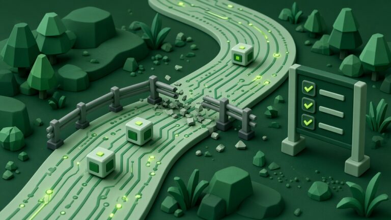A broken guardrail on a circuit-board road with small cubes driving through, next to a checklist sign