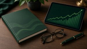 A printed prospectus on a desk beside a tablet showing a rising chart