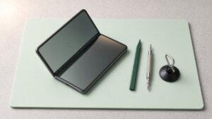 A folding phone with a hairline crack on its inner screen next to repair tools