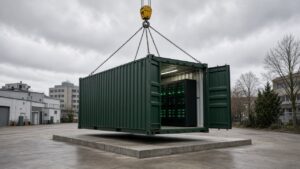 A container data center module being lowered by crane onto a concrete pad