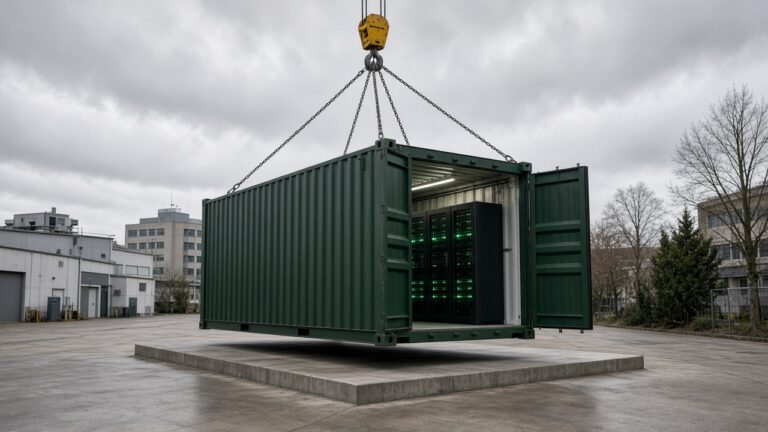 A container data center module being lowered by crane onto a concrete pad