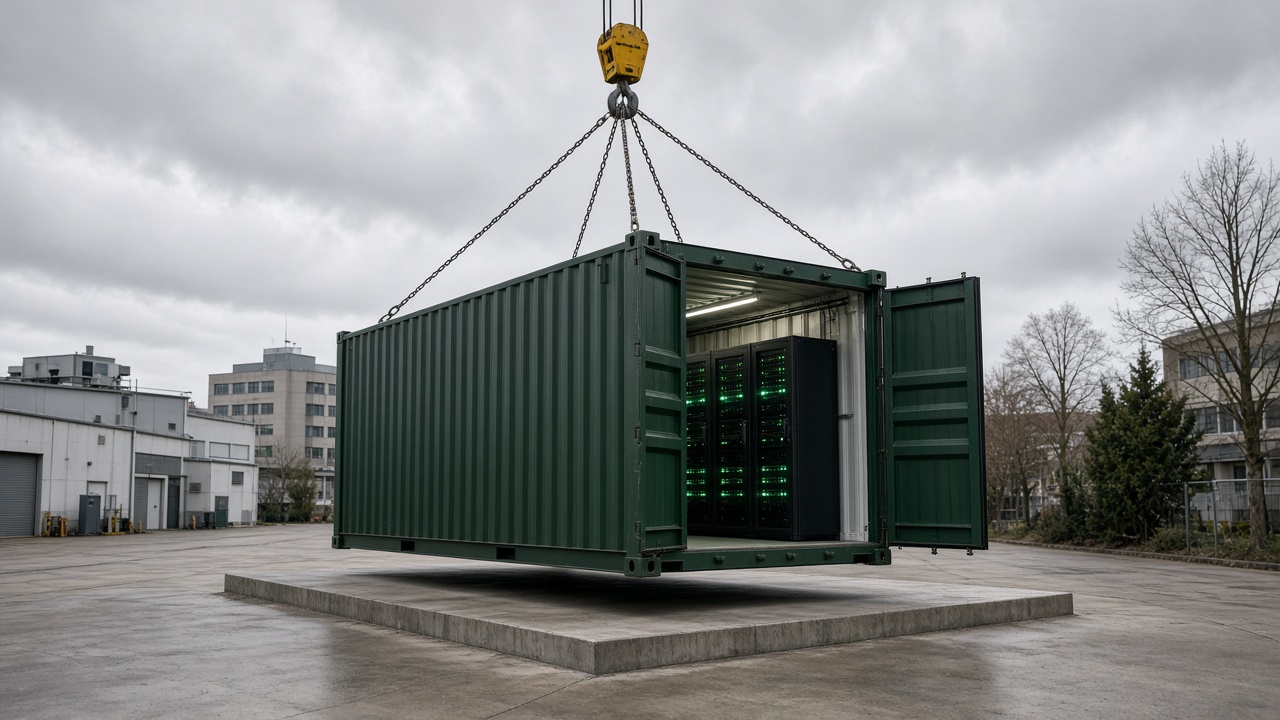 A container data center module being lowered by crane onto a concrete pad