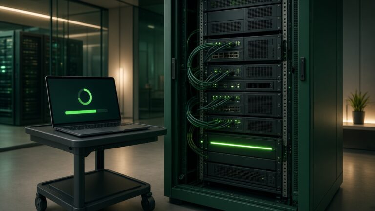 Server rack with a laptop on a cart showing a software update in progress